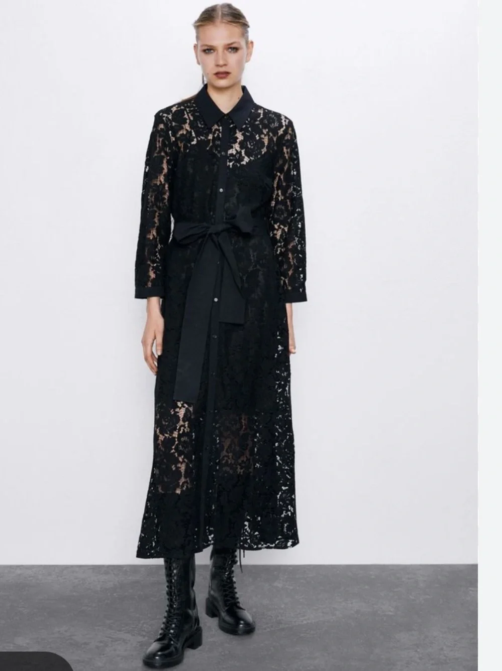 Zara Black Lace Shirt Dress with Waist Tie